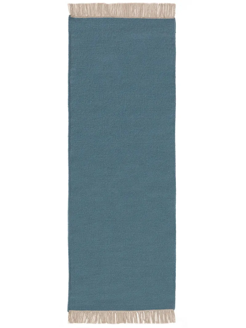Tapis scandinave uni à franges descente de lit bleu pétrole en laine 70x200 cm