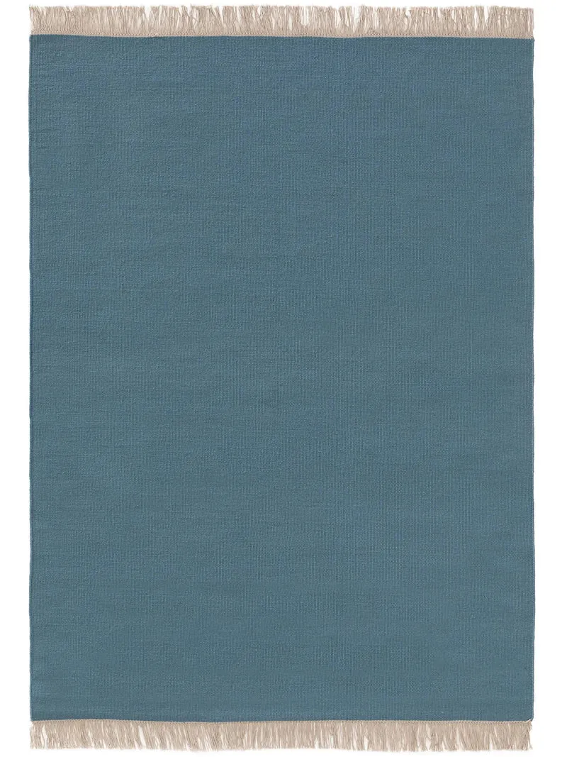 Tapis scandinave uni à franges bleu pétrole en laine 170x240 cm