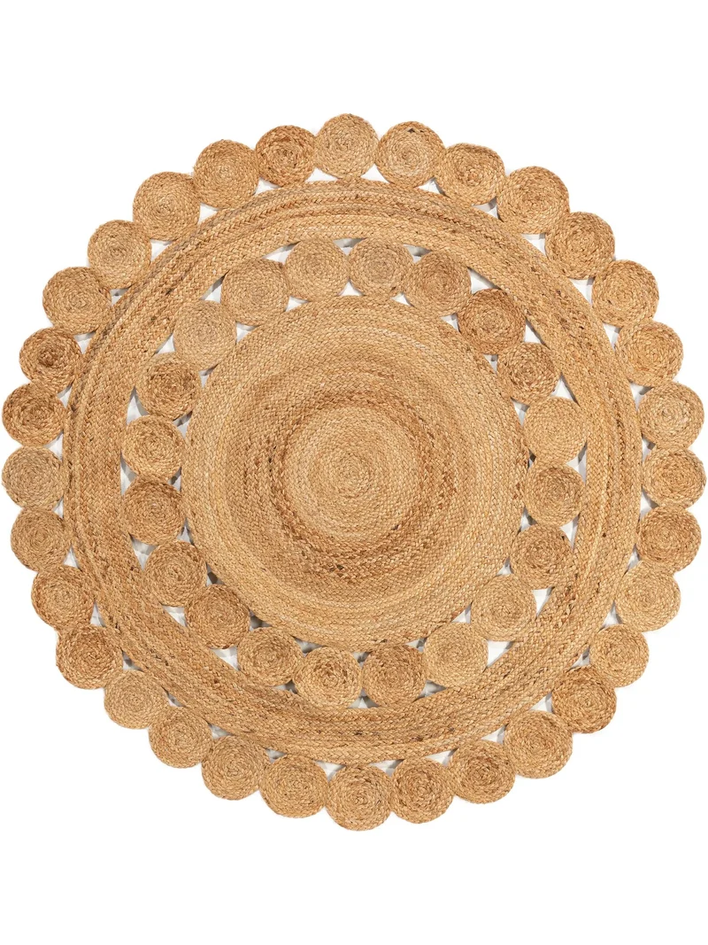 Tapis scandinave motif rosace rond marron clair en jute 120 cm de diamètre