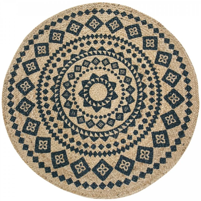 Tapis Rond Bleu en Jute 120x120 cm – Jadorel