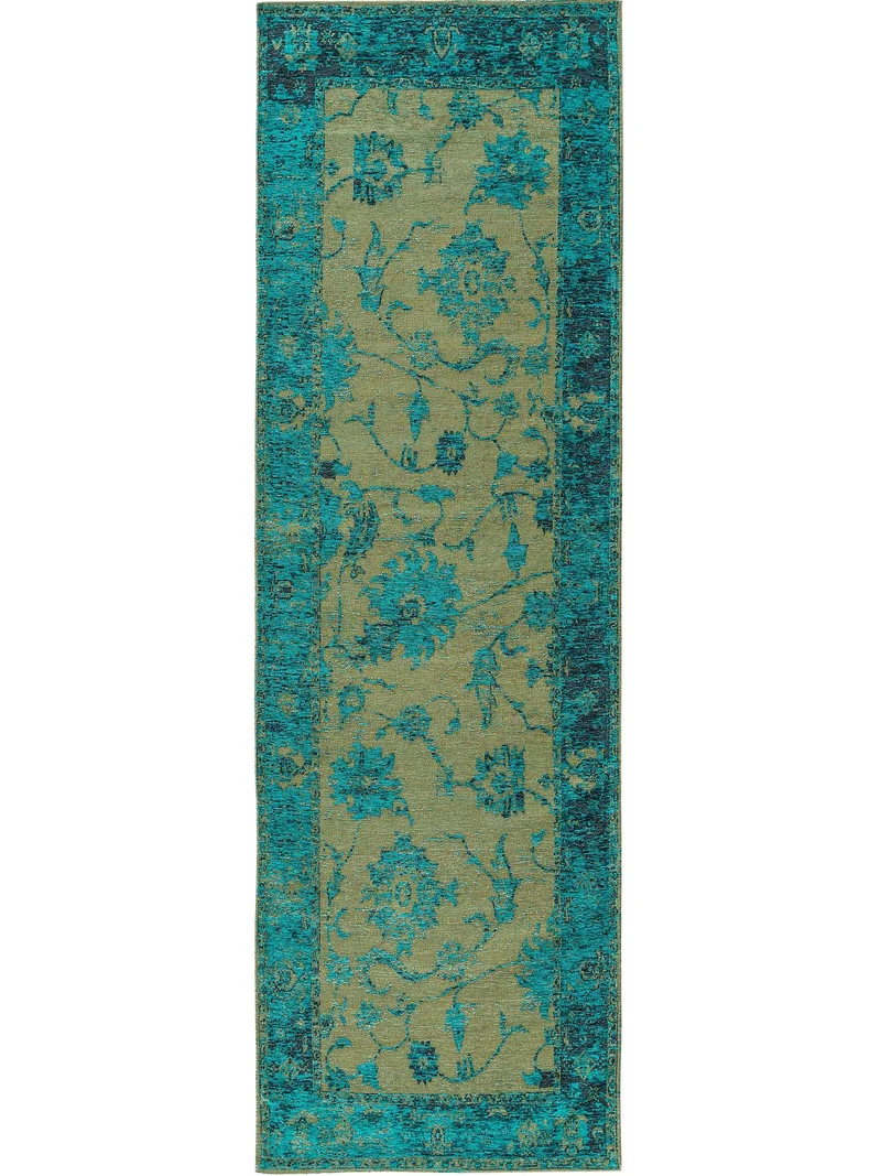 Tapis vintage motif floral de couloir turquoise et vert 80x250 cm