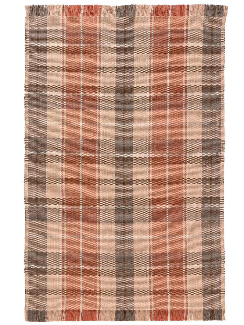 Tapis vintage trame tartan orange et gris en coton 80x150 cm