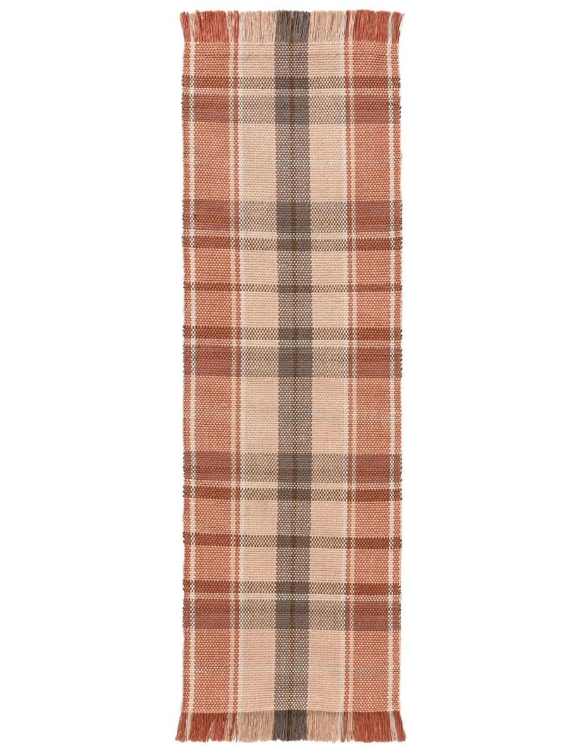 Tapis vintage trame tartan de couloir orange et gris en coton 70x200 cm
