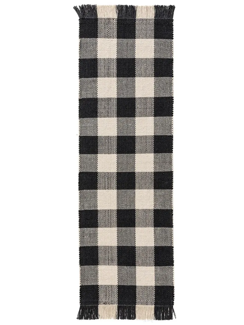Tapis vintage trame tartan de couloir noir et blanc en coton 70x200 cm