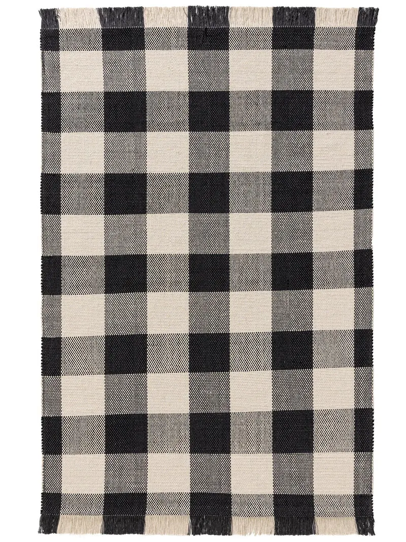 Tapis vintage trame tartan noir et blanc en coton 120x170 cm