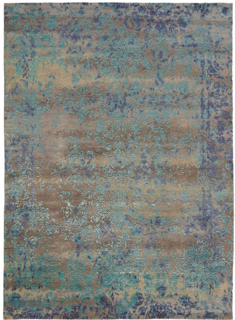Tapis de luxe motif floral turquoise en laine noué main HERITAGE