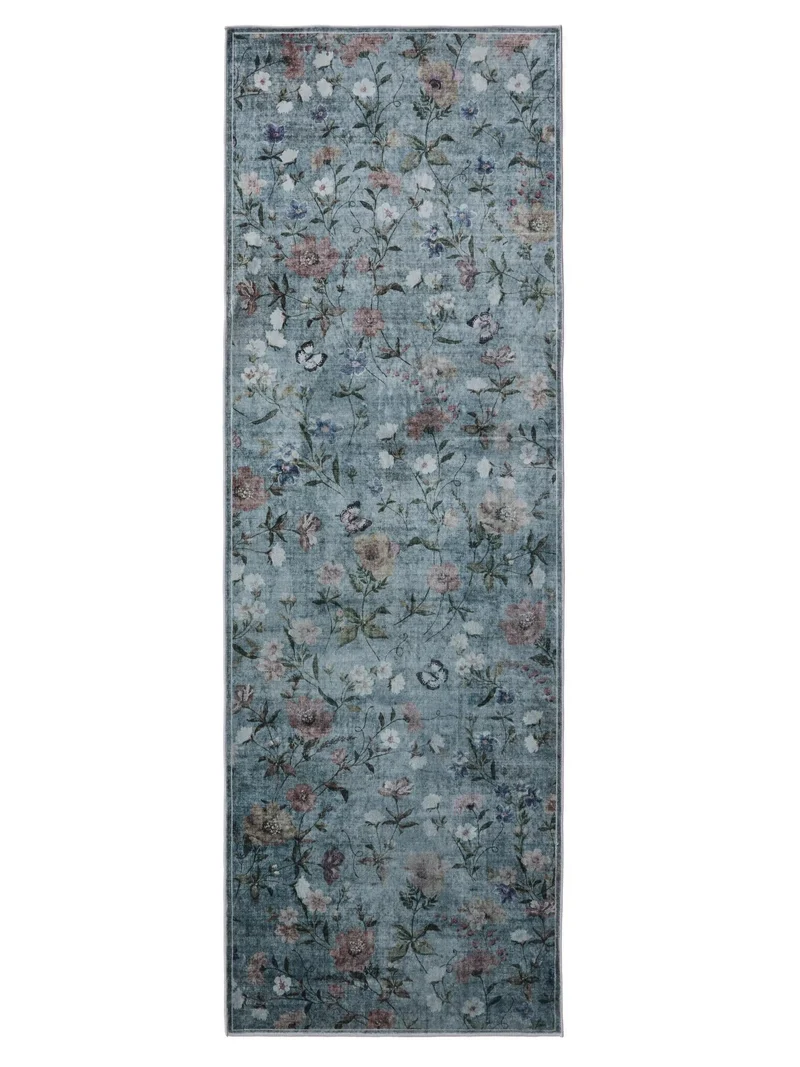 Tapis vintage motif à fleurs de couloir gris et bleu 80x240 cm