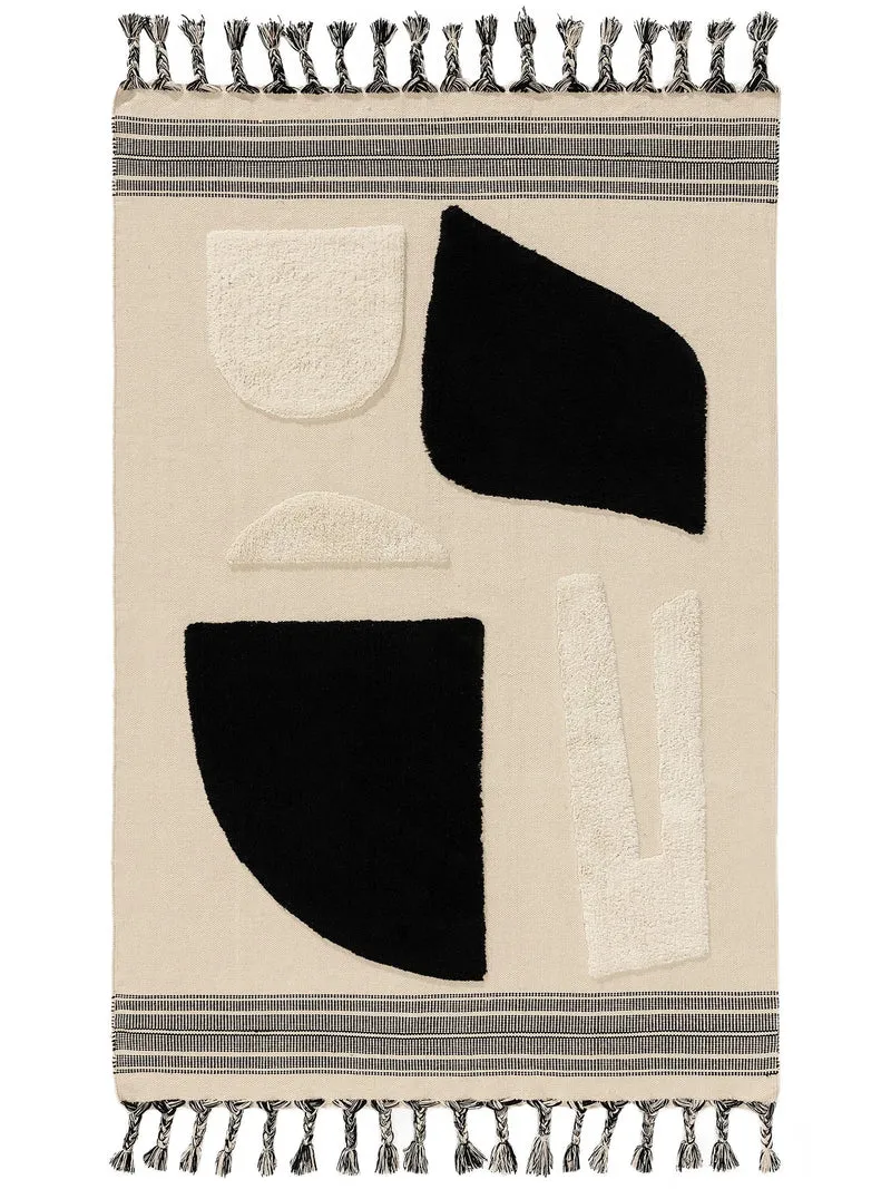 Tapis contemporain à franges motif galet beige noir et blanc en coton 160x230 cm