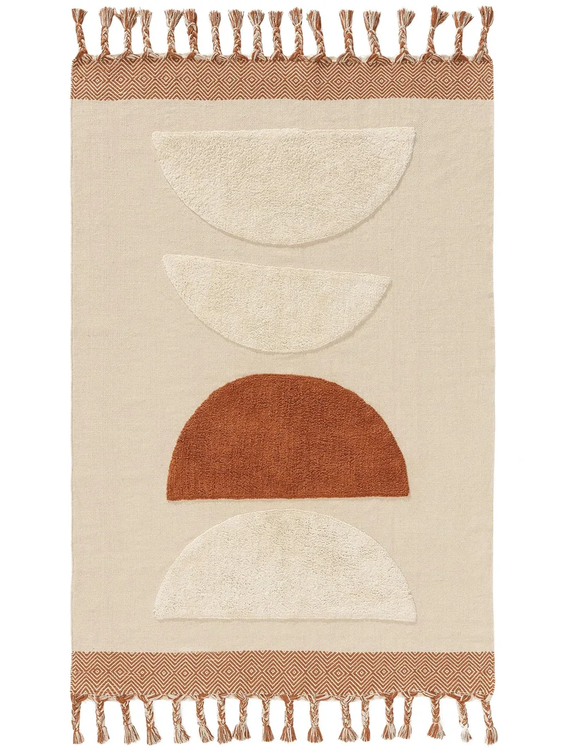 Tapis contemporain à franges motif galet beige et orange en coton 200x300 cm