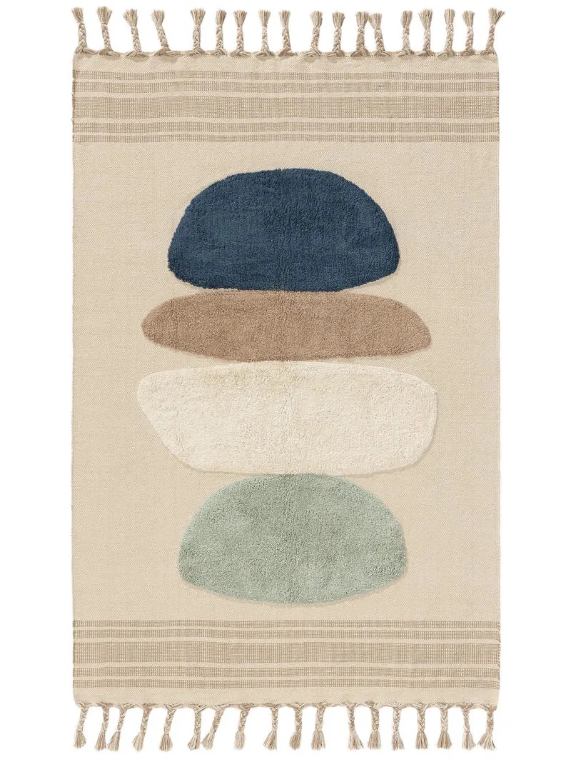 Tapis contemporain à franges motif galet beige et teinte de bleu en coton 160x230 cm