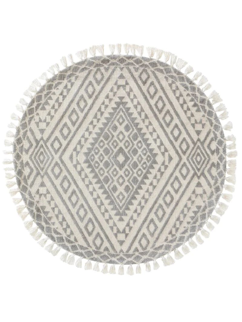 Tapis kilim moderne à franges rond gris 150 cm de diamètre