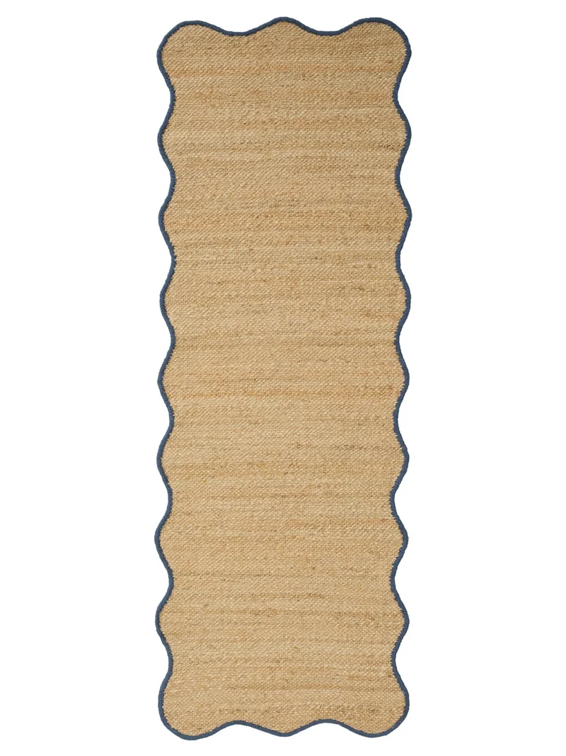 Tapis scandinave motif vague de couloir marron et bleu en jute 80x250 cm