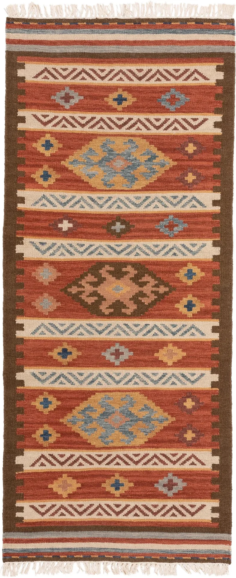 Tapis kilim motif ethnique descente de lit multicolore et rouge en laine 80x200 cm