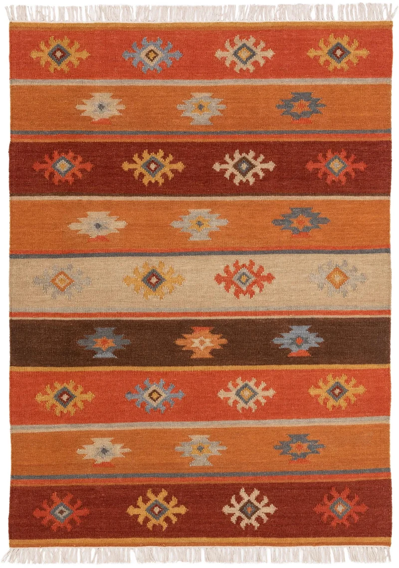 Tapis kilim motif ethnique tons orange multicolore en laine 70x140 cm