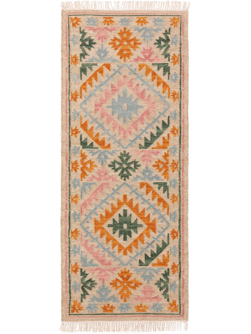 Tapis kilim motif ethnique descente de lit multicolore et beige en laine 80x200 cm