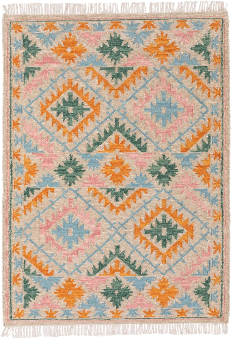 Tapis kilim motif ethnique multicolore et beige en laine 120x170 cm