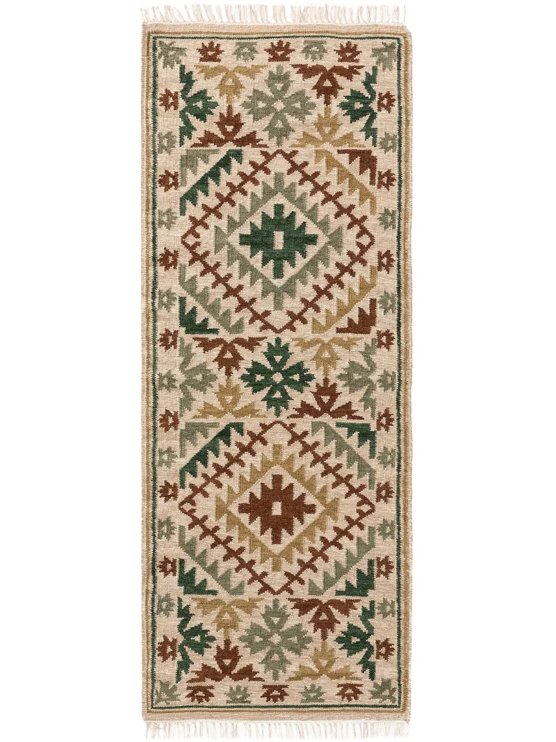 Tapis kilim motif ethnique descente de lit vert et beige en laine 80x200 cm