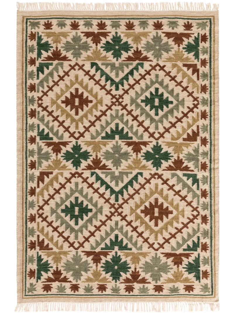 Tapis kilim motif ethnique vert et beige en laine 120x170 cm