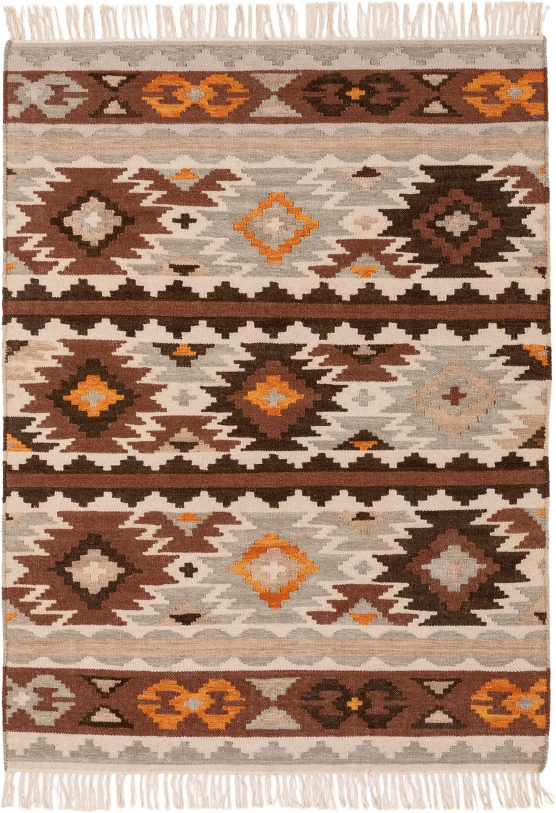 Tapis kilim motif ethnique tons marron multicolore en laine 200x300 cm