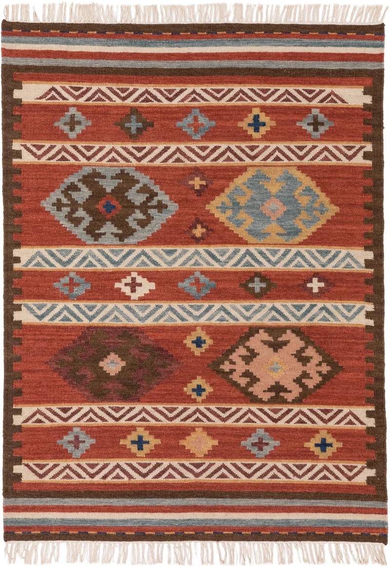 Tapis kilim motif ethnique multicolore et rouge en laine 200x300 cm