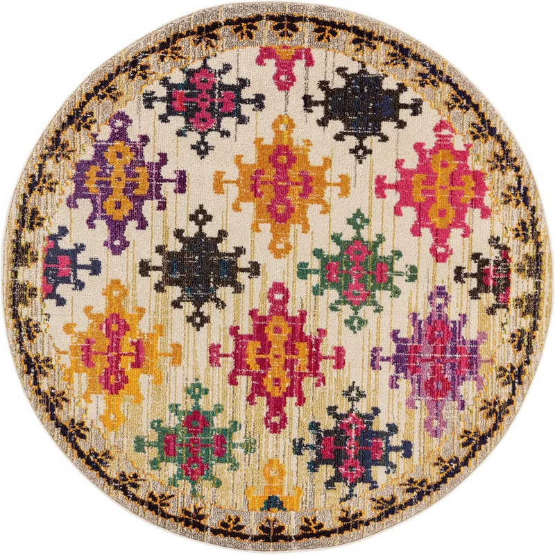 Tapis ethnique rond multicolore et beige 120 cm de diamètre