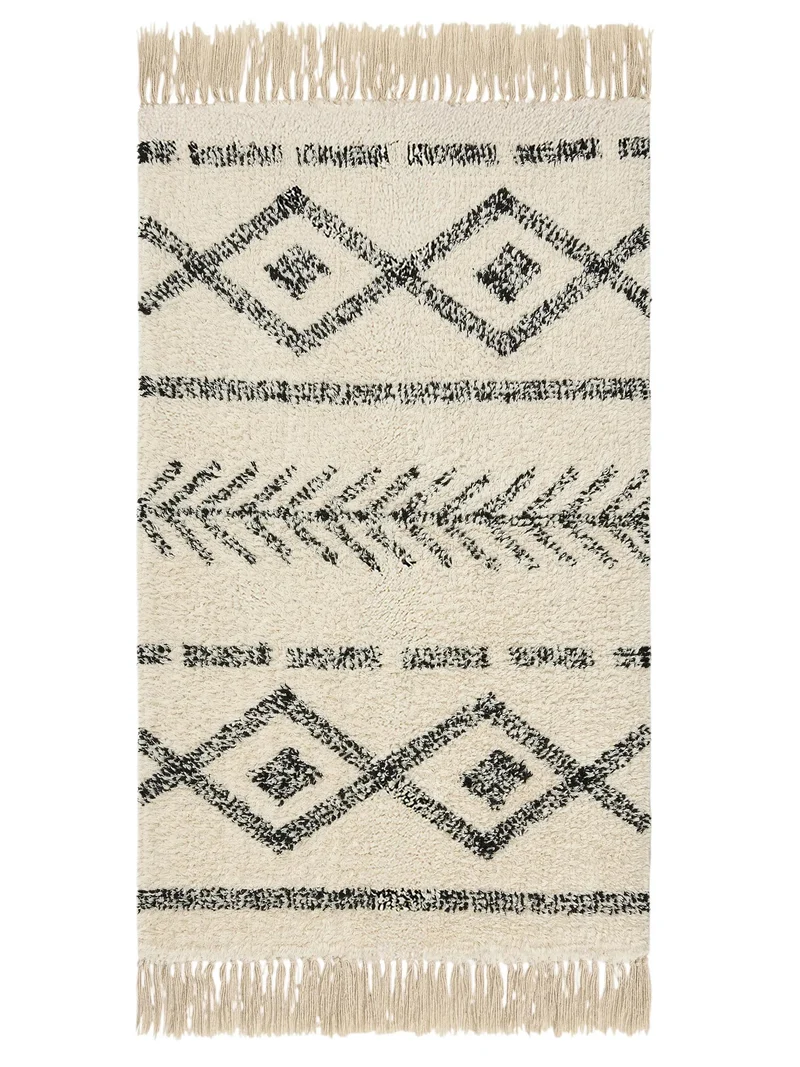 Tapis berbère à franges de bain crème et noir en coton 50x80 cm