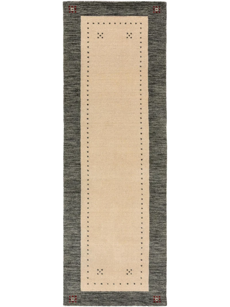 Tapis ethnique inspiration berbère descente de lit beige et gris en laine 80x300 cm