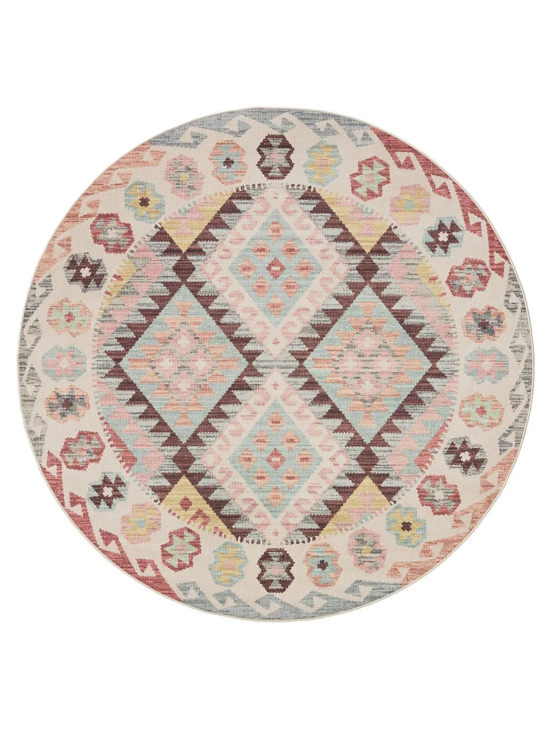 Tapis ethnique tons clairs rond multicolore lavable 120 cm de diamètre