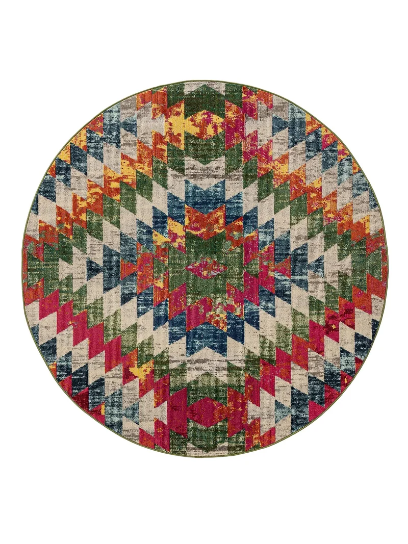 Tapis contemporain ethnique rond multicolore 200 cm de diamètre