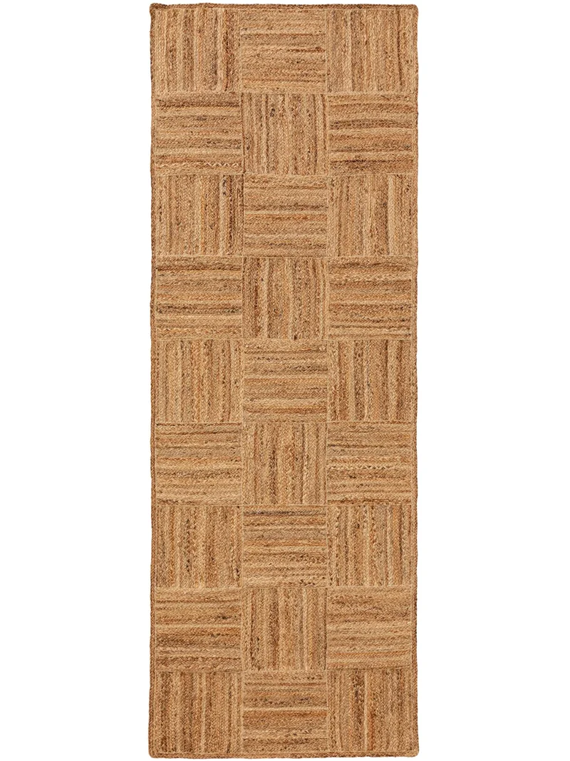 Tapis géométrique motif damier de couloir marron clair en jute 70x200 cm