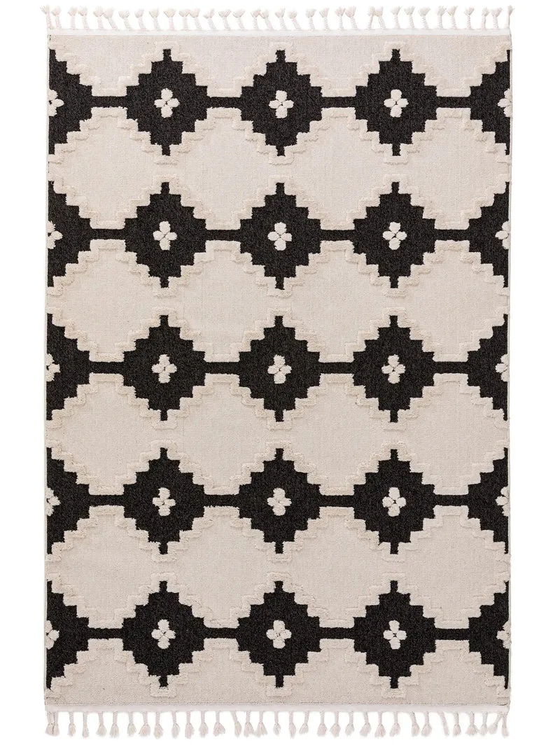 Tapis berbère à franges géométrique beige et noir 80x150 cm