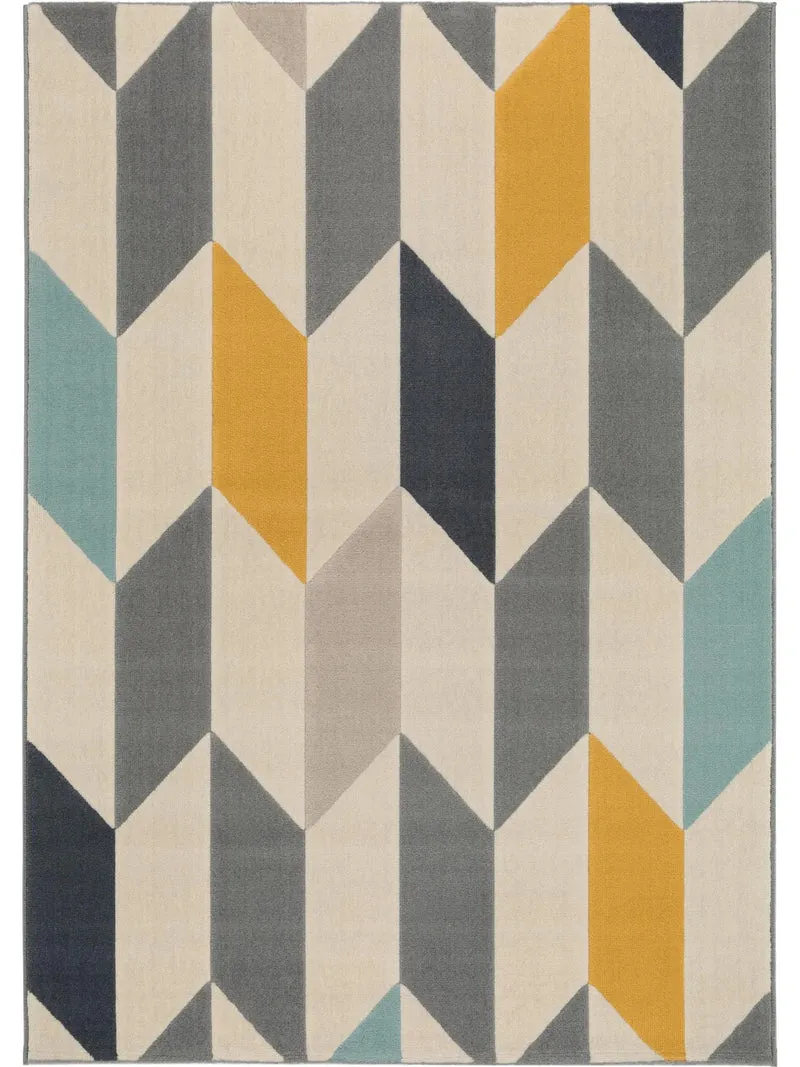 Tapis moderne motif géométrique beige bleu et jaune 140x200 cm