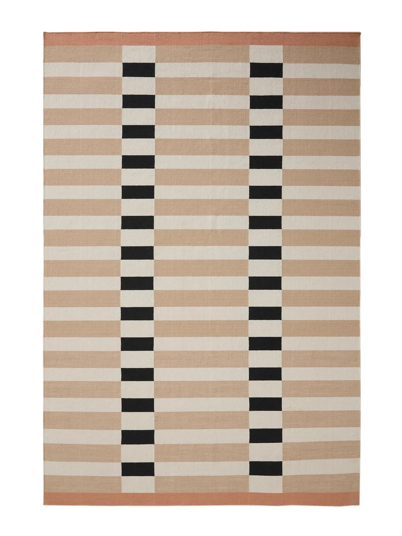 Tapis géométrique rayé beige et noir en laine 200x300 cm