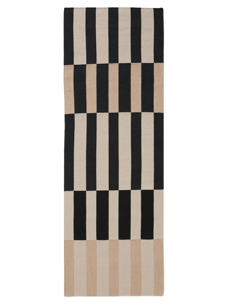 Tapis géométrique descente de lit beige et noir en laine 80x240 cm