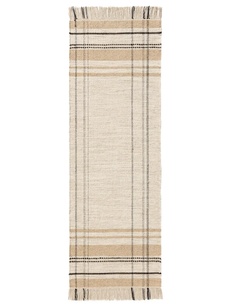 Tapis berbère trame tartan descente de lit beige en laine 70x200 cm