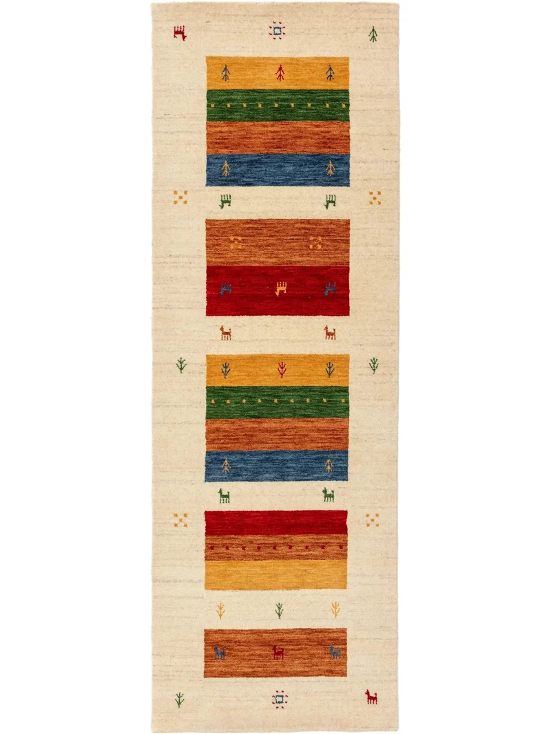 Tapis ethnique inspiration berbère descente de lit multicolore et beige en laine 80x250 cm