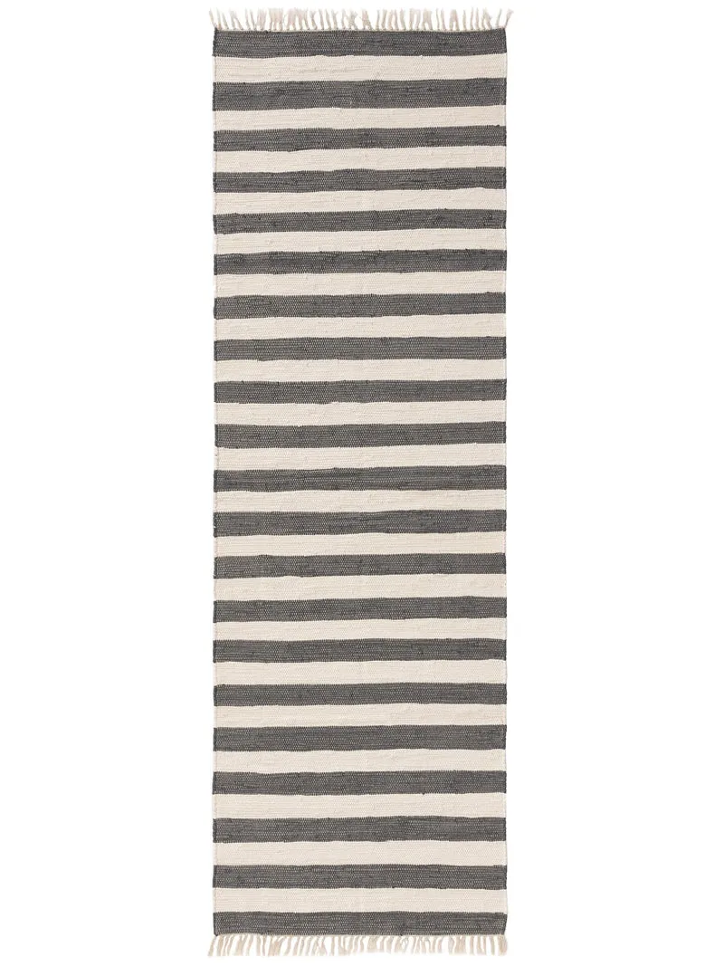 Tapis géométrique rayé à franges de couloir gris et blanc en coton 80x250 cm