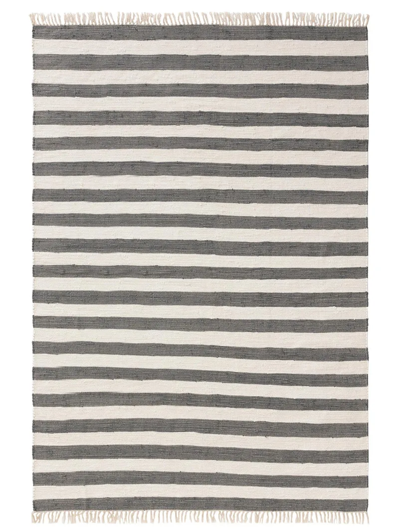 Tapis géométrique rayé à franges gris et blanc en coton 80x150 cm