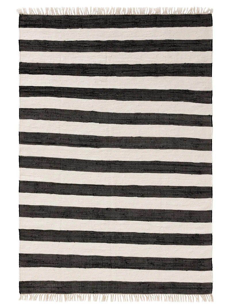 Tapis géométrique rayé à franges noir et blanc en coton 80x150 cm
