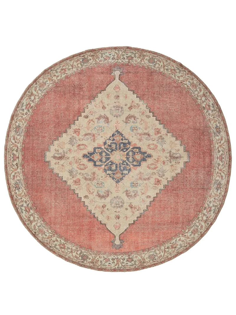 Tapis oriental style bohème rond rouge et bleu 240 cm de diamètre
