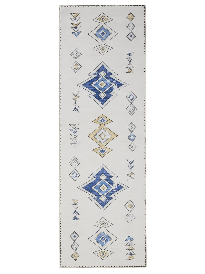 Tapis ethnique inspiration berbère de couloir beige et bleu lavable 80x240 cm