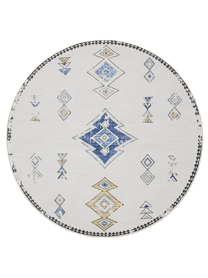 Tapis ethnique inspiration berbère rond beige et bleu lavable 160 cm de diamètre
