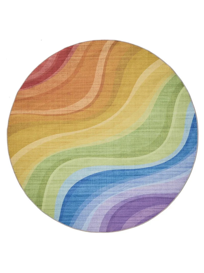 Tapis contemporain arc-en-ciel rond multicolore lavable 160 cm de diamètre