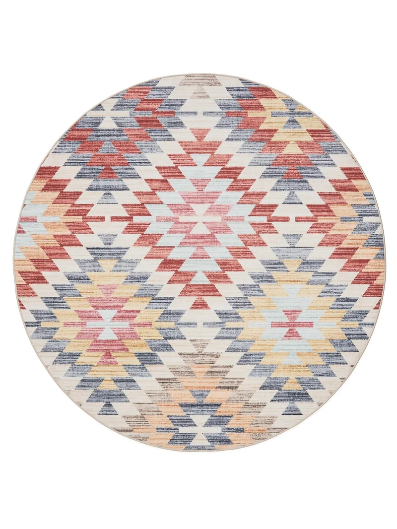 Tapis ethnique motif géométrique rond multicolore lavable 120 cm de diamètre