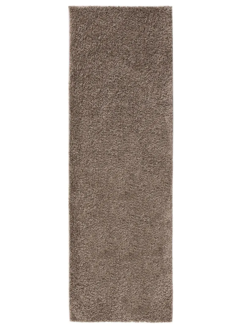 Tapis moderne uni poils longs frisés descente de lit taupe lavable 80x300 cm