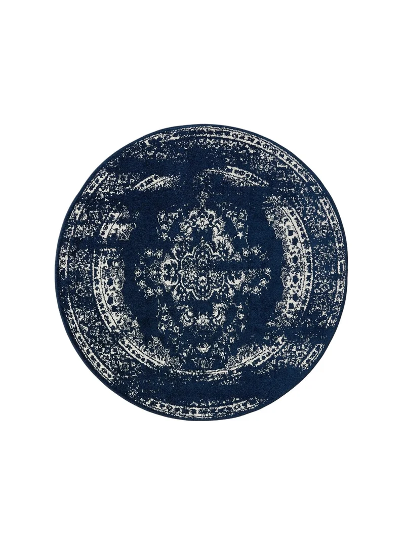 Tapis vintage motif oriental rond bleu foncé 120 cm de diamètre