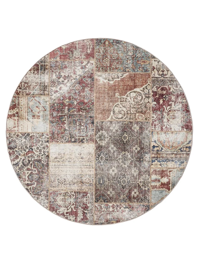 Tapis patchwork vintage rond marron et bordeaux lavable 120 cm de diamètre