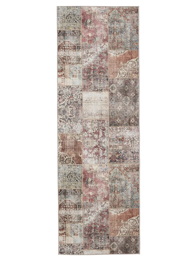Tapis patchwork vintage de couloir marron et bordeaux lavable 80x240 cm