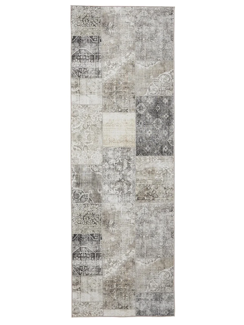 Tapis patchwork vintage de couloir gris lavable 80x240 cm
