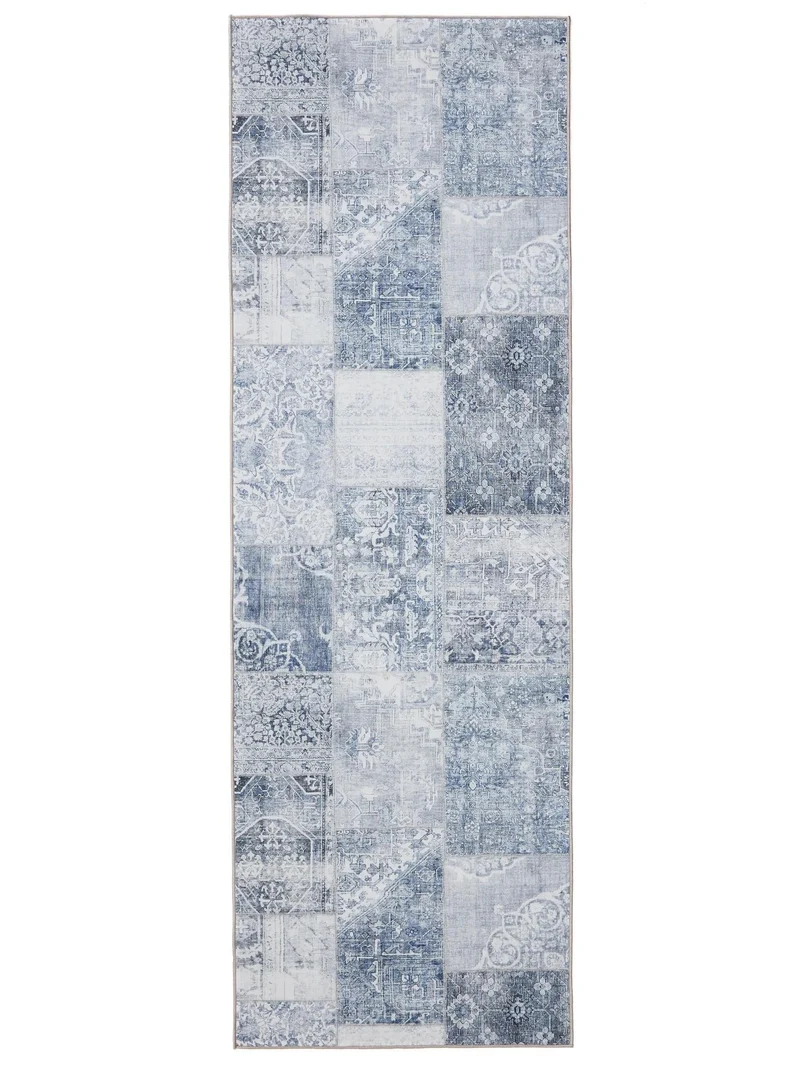Tapis patchwork vintage de couloir bleu lavable 80x240 cm